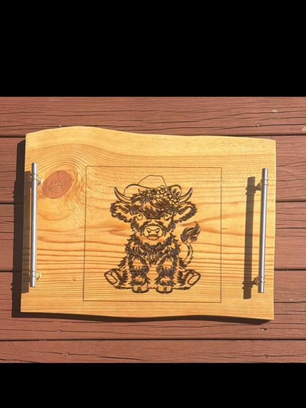 Wooden Serving Tray with Engraved Highland Calf
